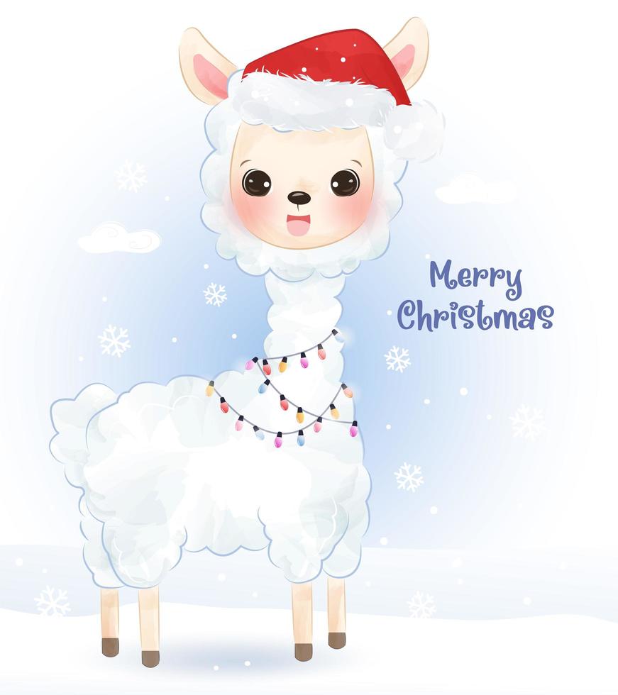 Christmas greeting card with cute little alpaca vector