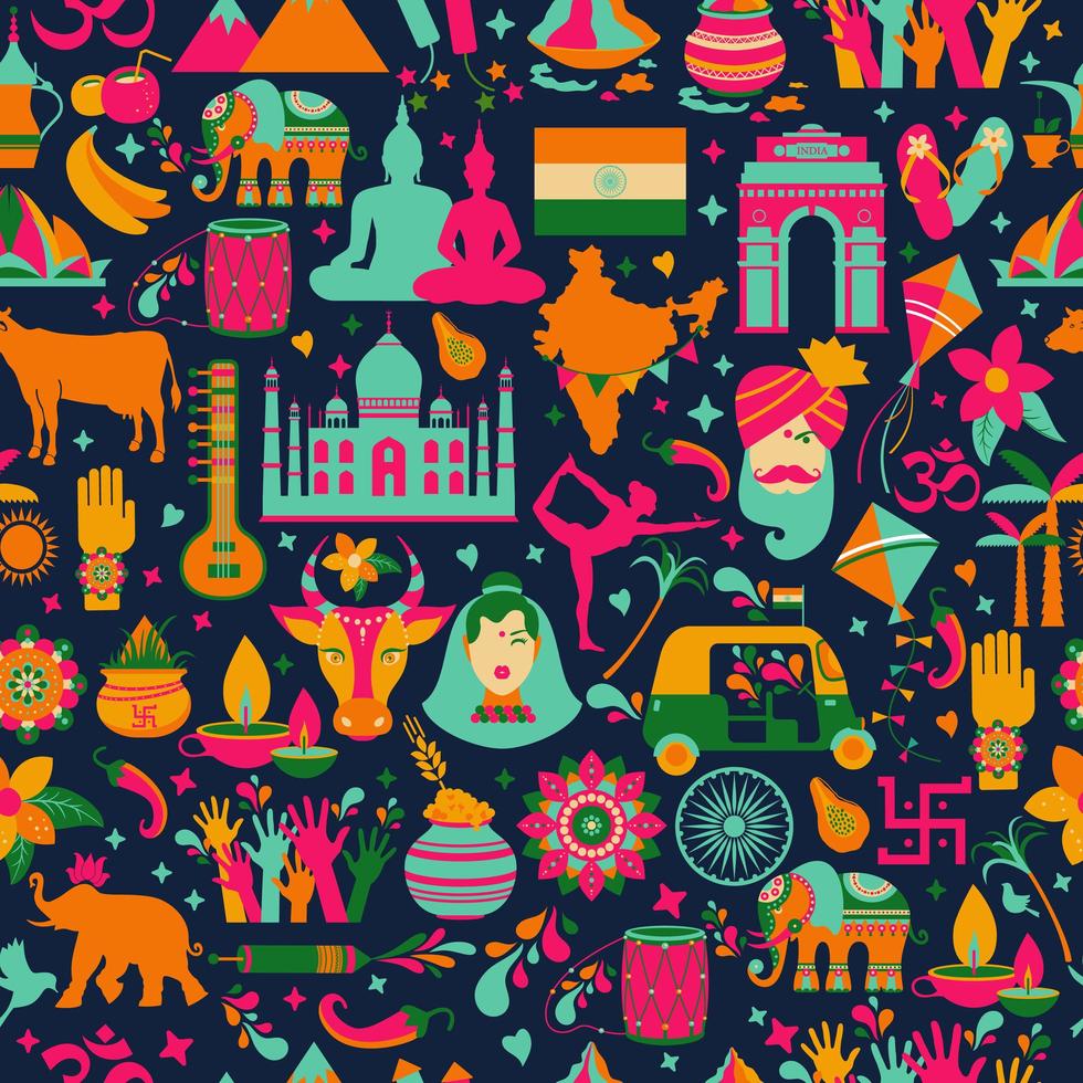 Traditional symbols of India, seamless pattern on dark vector