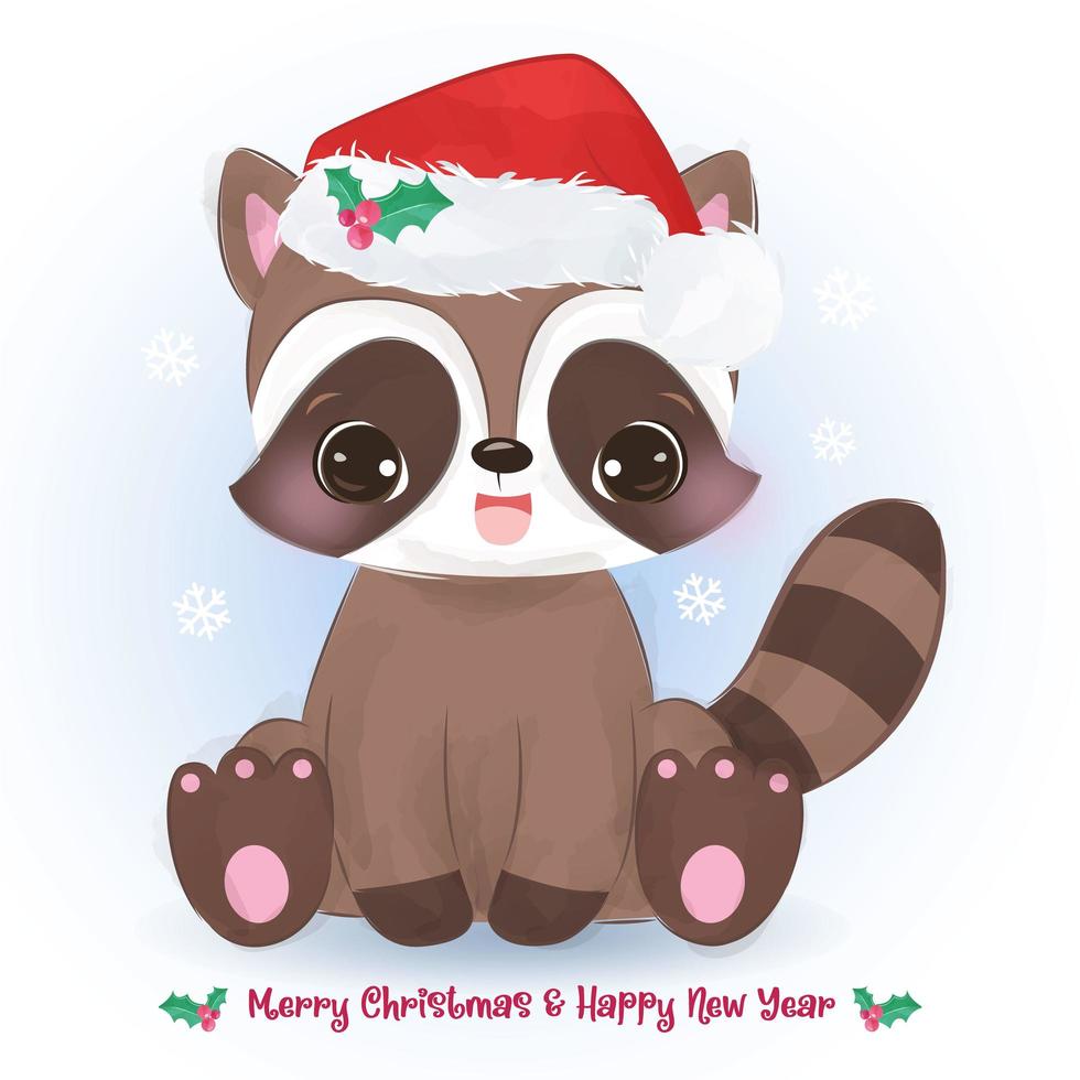 Christmas greeting card with cute baby raccoon vector