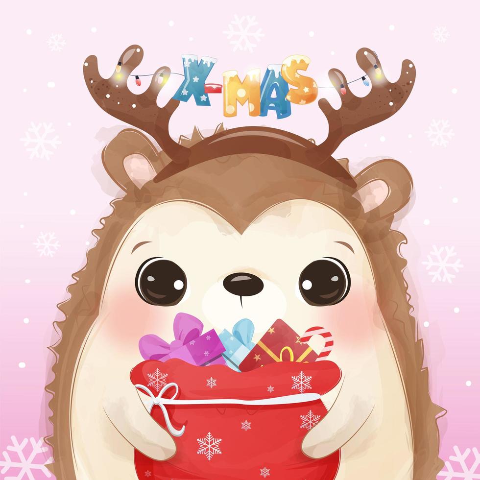 Christmas greeting card with cute hedgehog vector