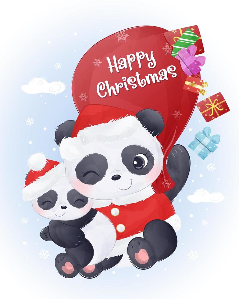 Christmas greeting card with cute mommy and baby panda vector