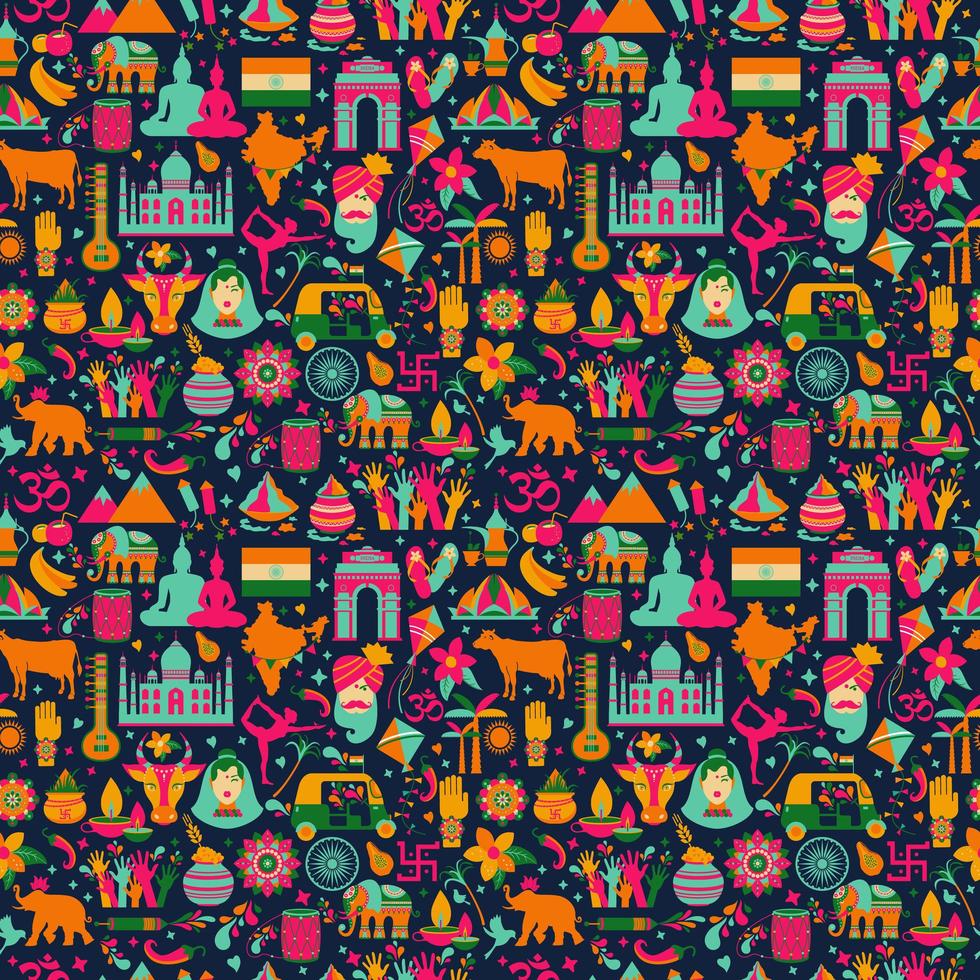 Traditional symbols of India, seamless pattern on dark vector