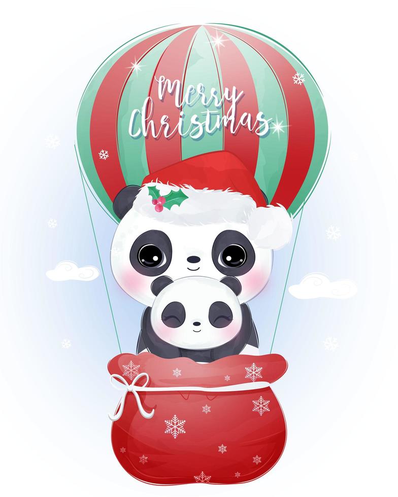 Christmas greeting card with cute mommy and baby panda vector