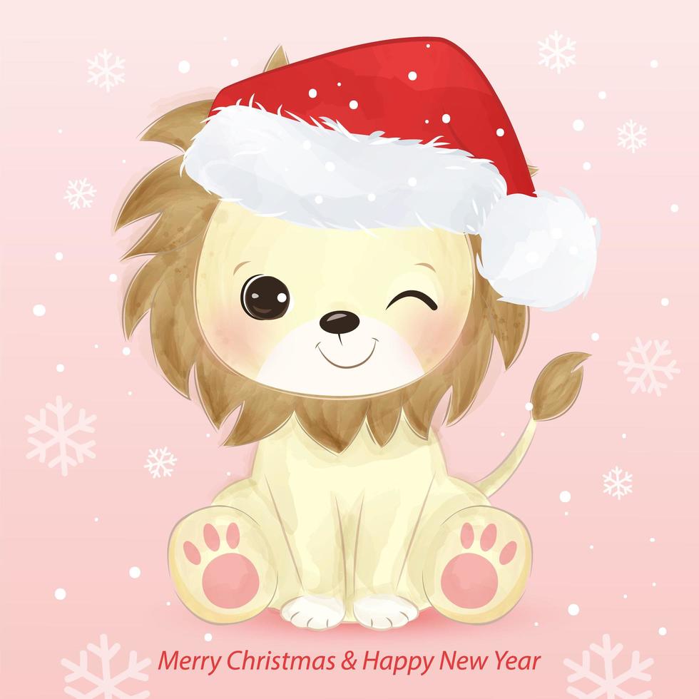 Christmas greeting card with adorable little lion vector