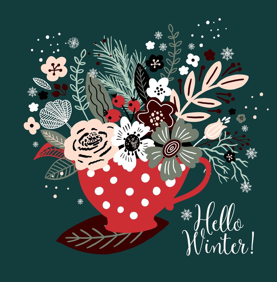 tarjeta de wnter con una taza y flores. vector