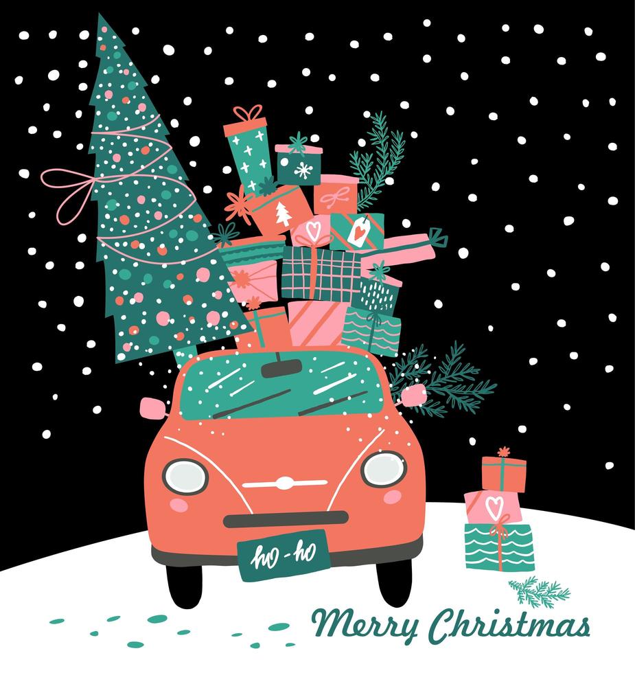 carro rosa, regalos de navidad y arbol vector