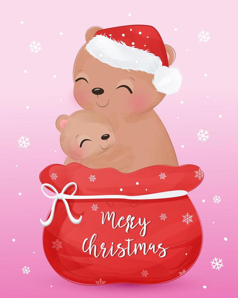 tarjeta de felicitación navideña con linda mamá y oso bebé vector