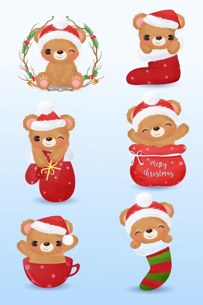 Cute bears in watercolor for Christmas decoration vector