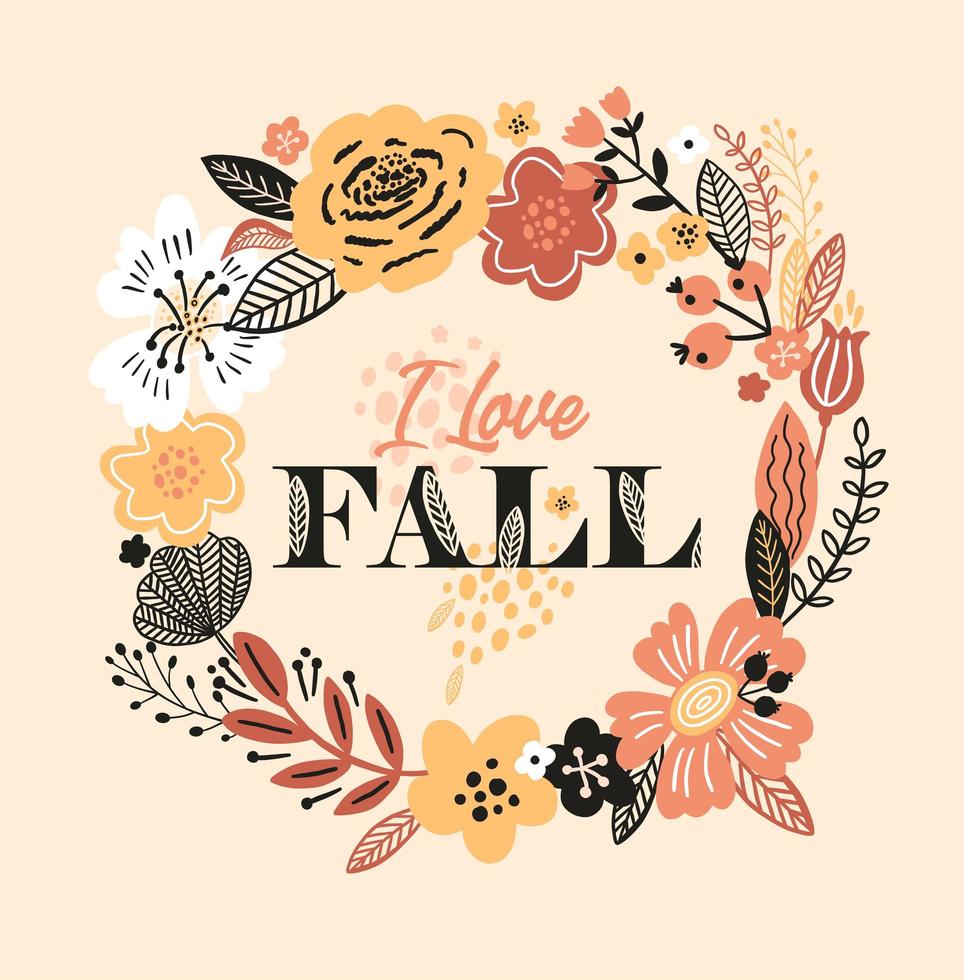 Autumn card with wreath, flowers and leaves vector