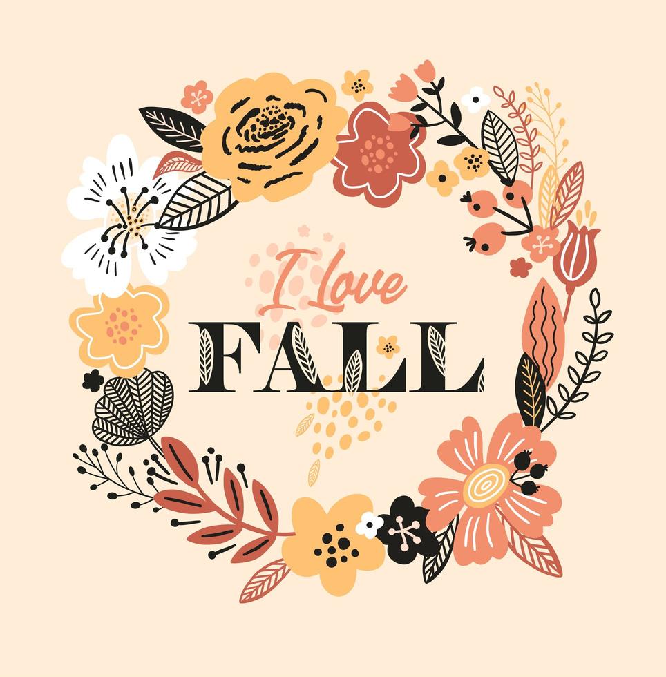 tarjeta de otoño con corona, flores y hojas. vector