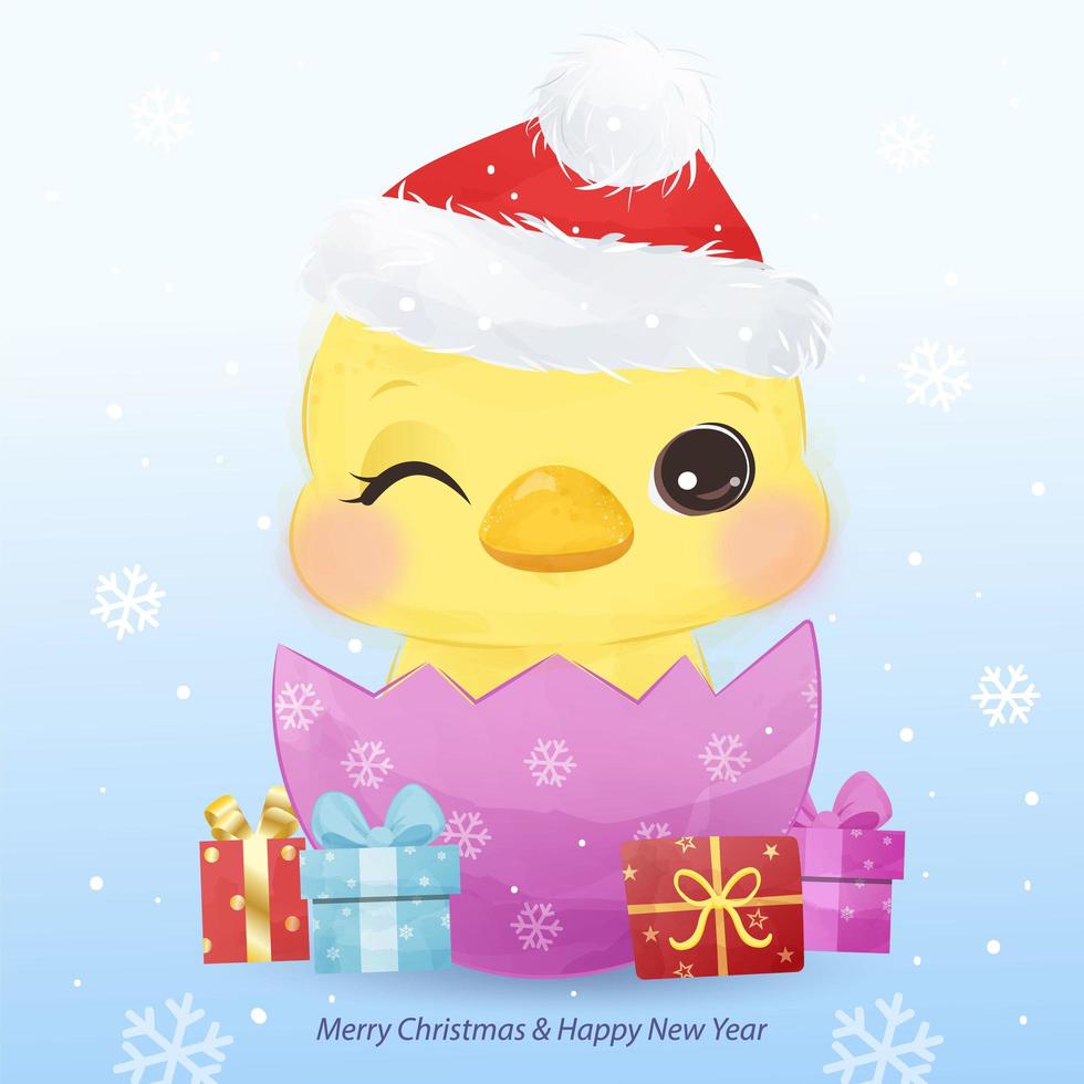 Christmas greeting card with adorable little chick vector