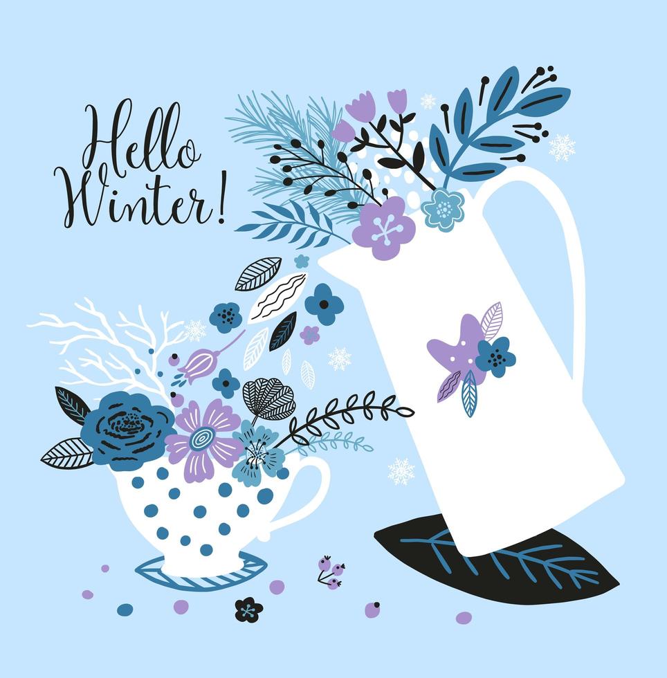 tarjeta de año nuevo con tetera, taza y flores. vector