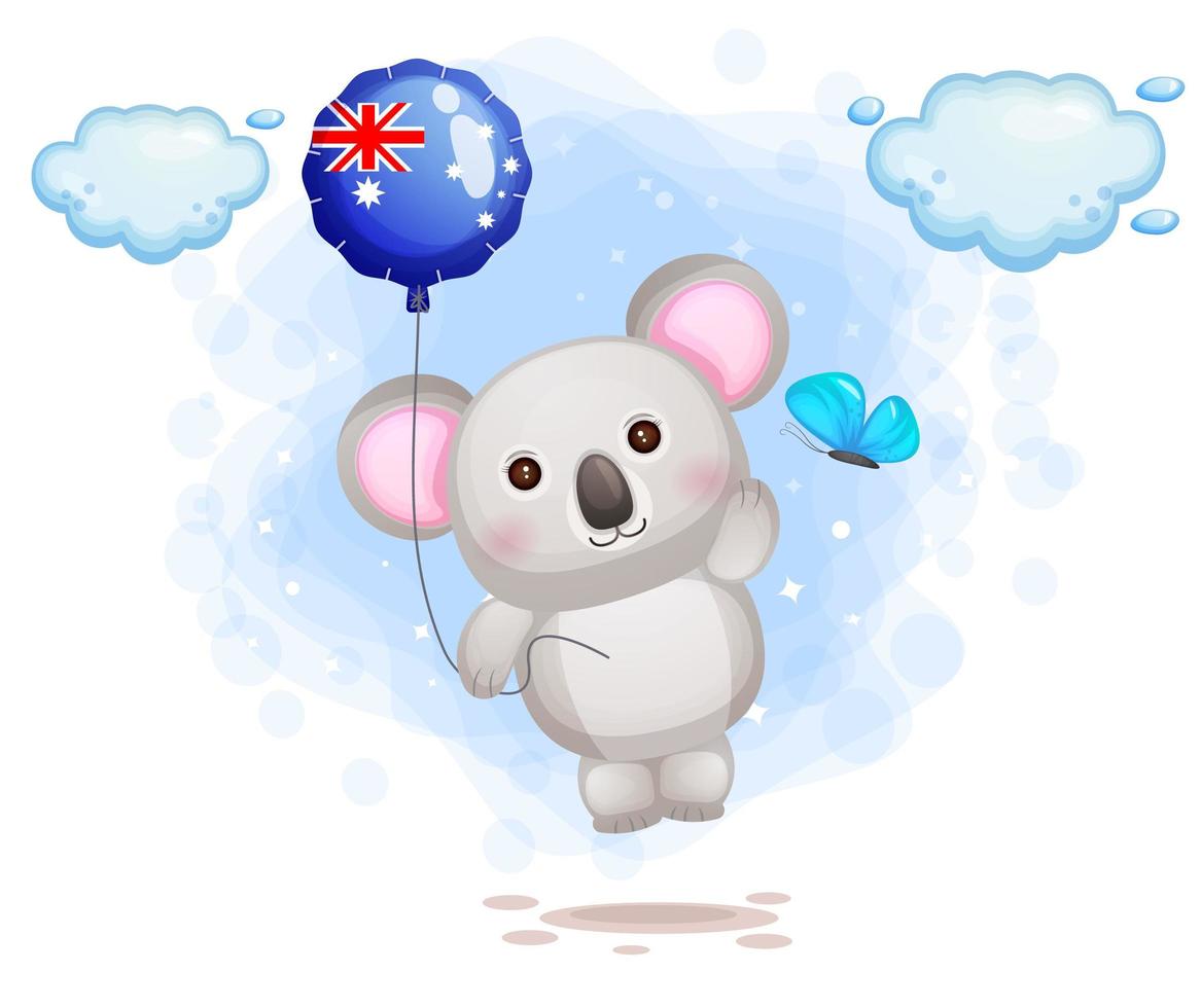 lindo koala volando con globo de bandera de australia vector