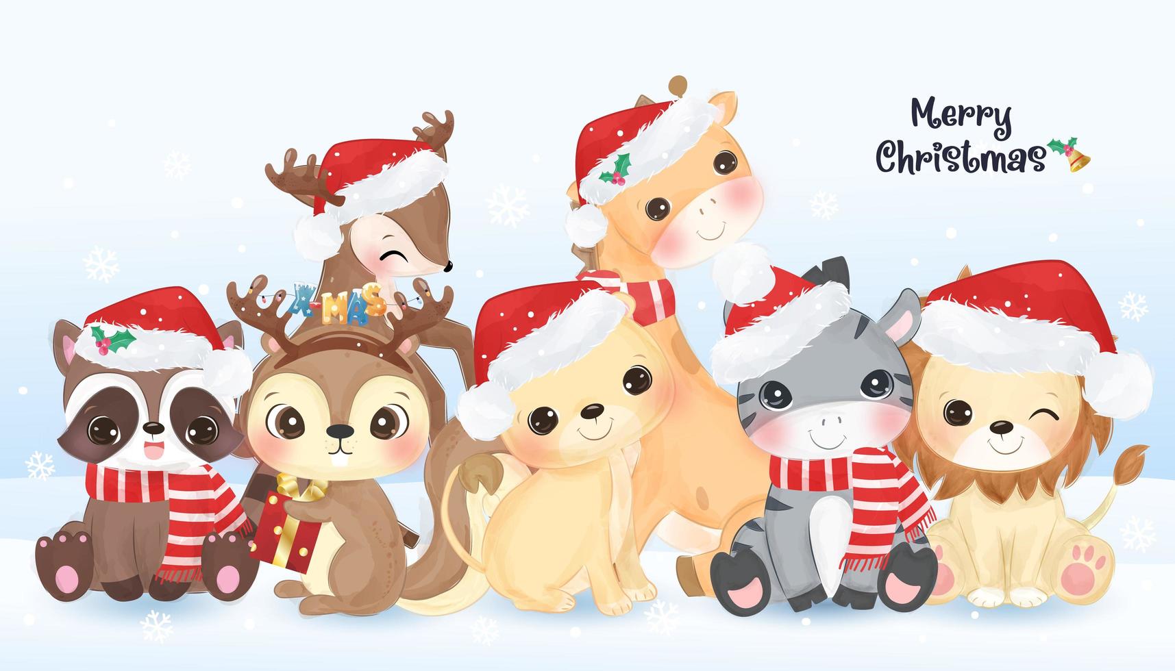 Christmas greeting card with cute animals vector