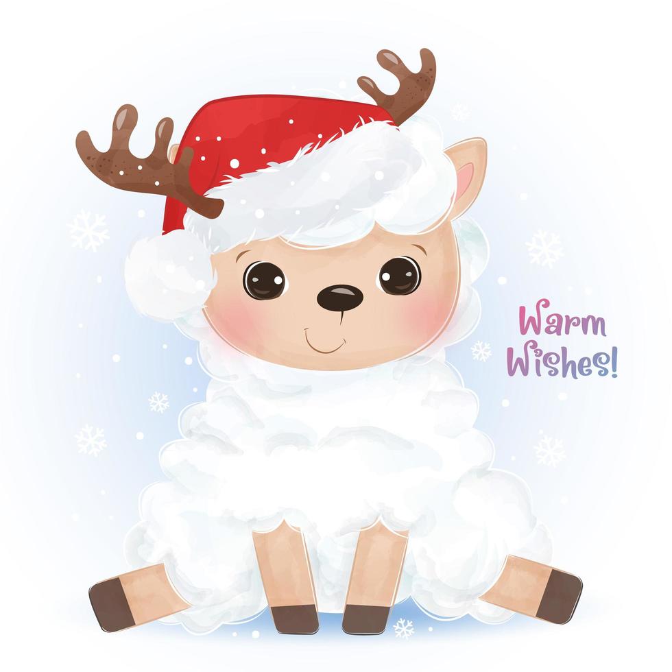 Christmas greeting card with cute baby lamb vector