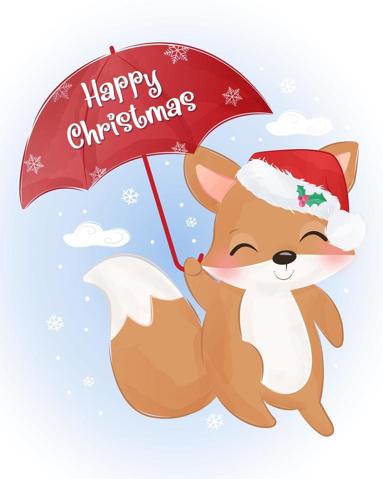 Christmas greeting card with cute baby fox vector