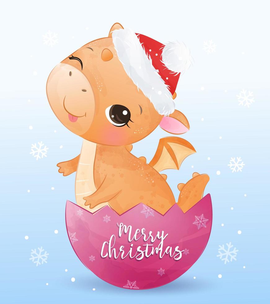 Christmas greeting card with cute baby dragon vector