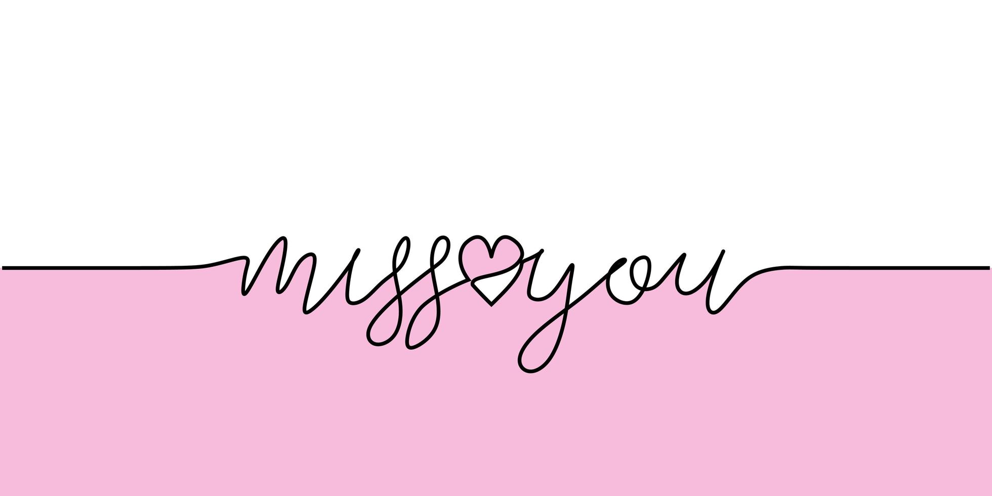 Miss you text with heart. Continuous one line drawing. vector