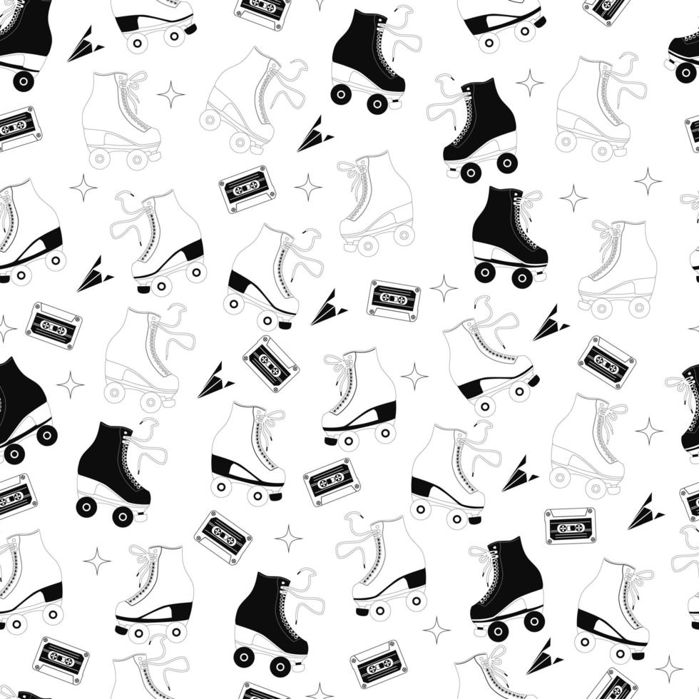 Seamless pattern with roller skates and cassette tapes vector