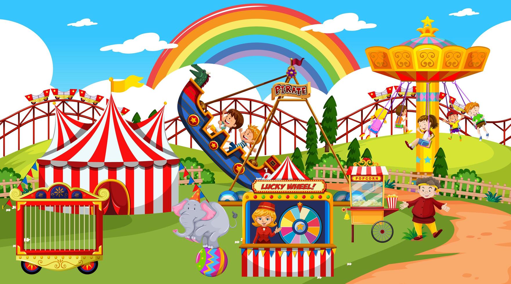 Amusement park scene at daytime with rainbow in the sky vector