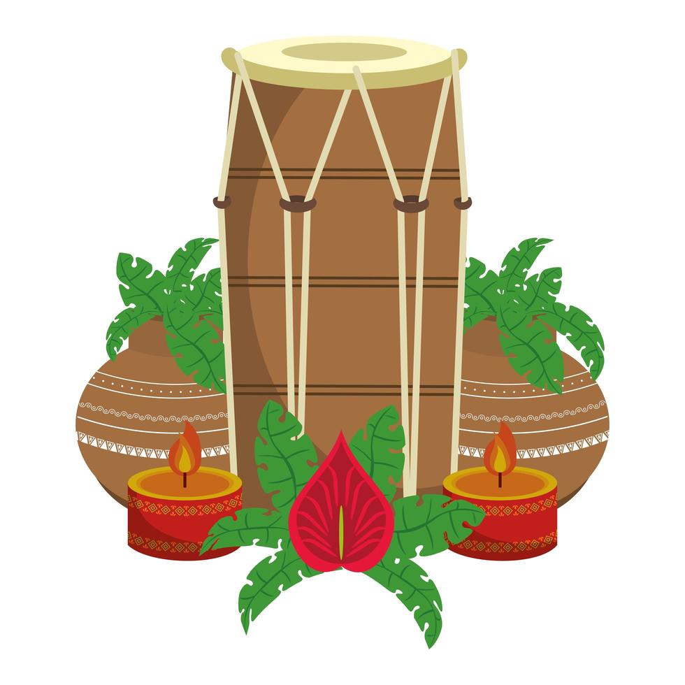 Indian tabla drum and plant pots with candles vector