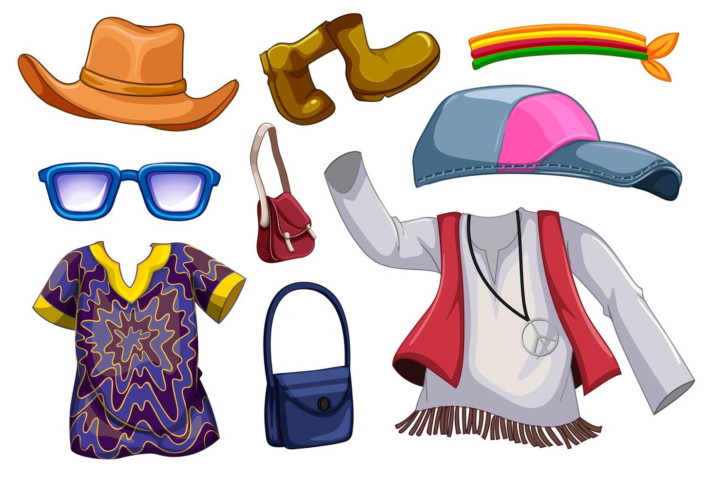 Set of fashion outfits and accessories on white background vector