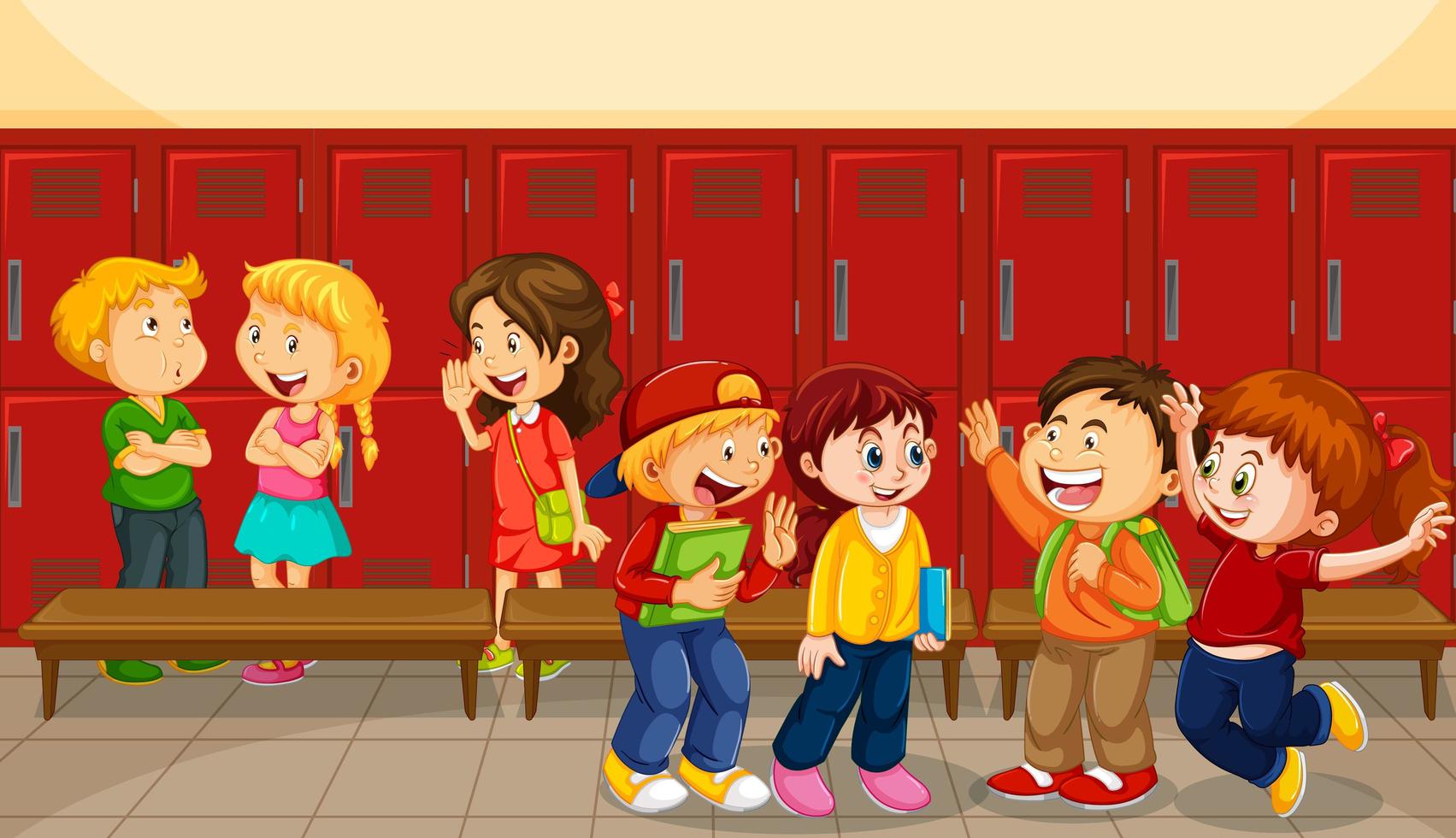 Children talking with their friends with school lockers background vector