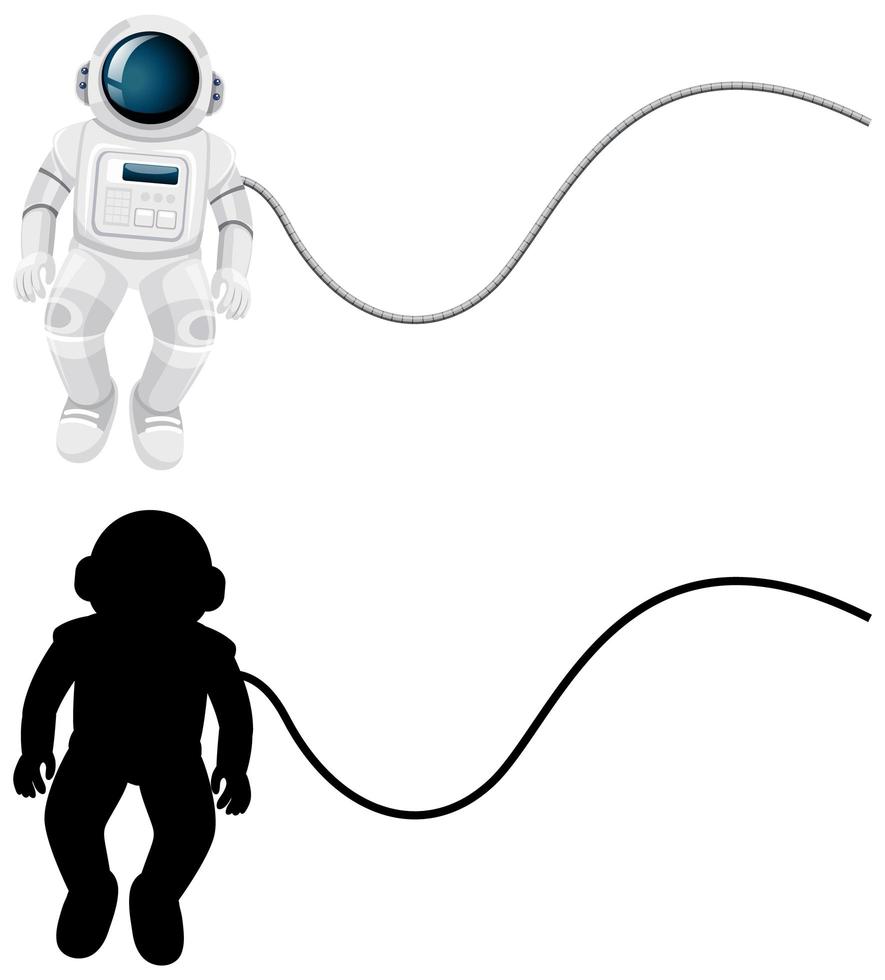 Set of astronaut characters and its silhouette on white background vector