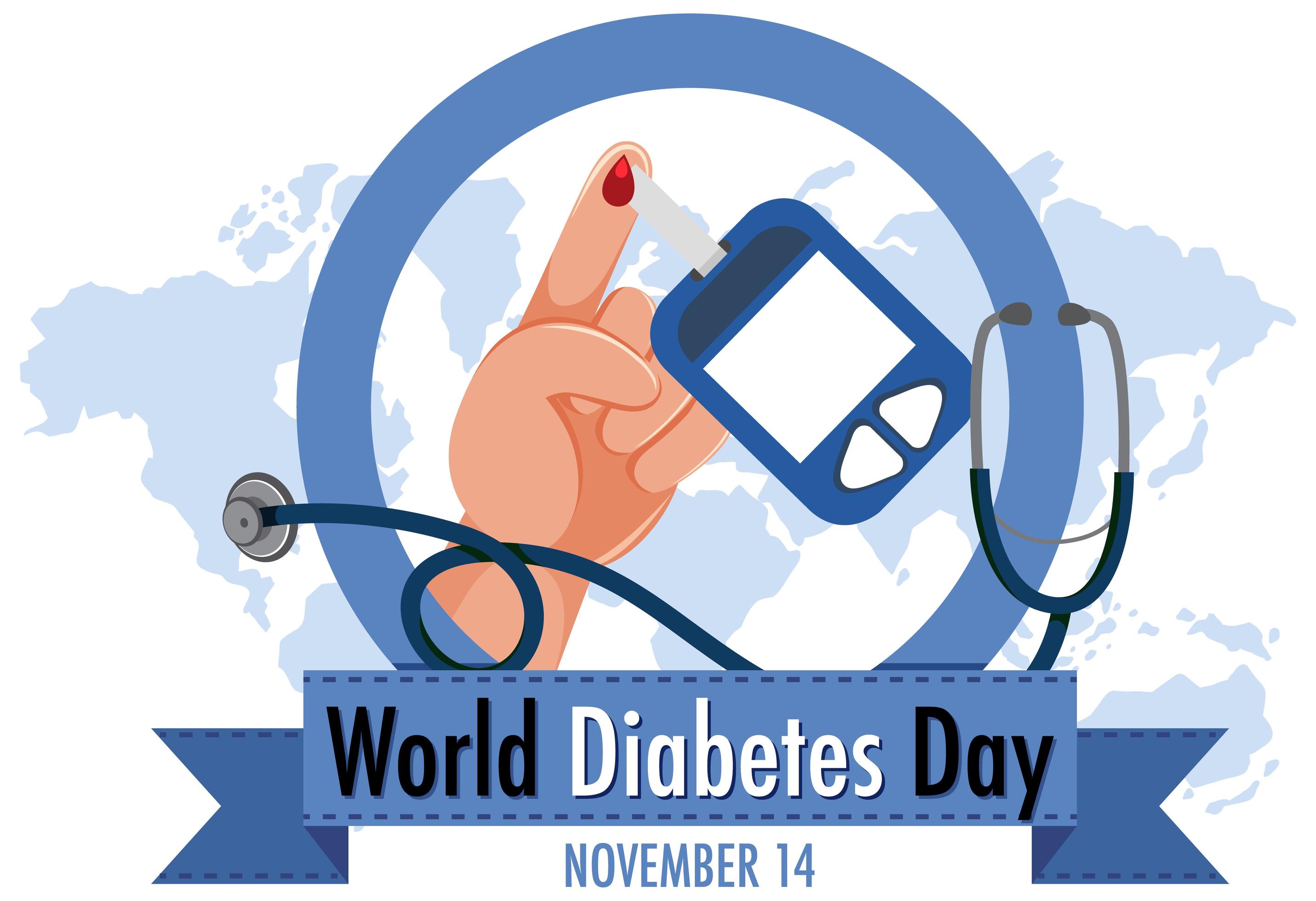 World Diabetes Day logo or banner with blood on finger and glucosure
