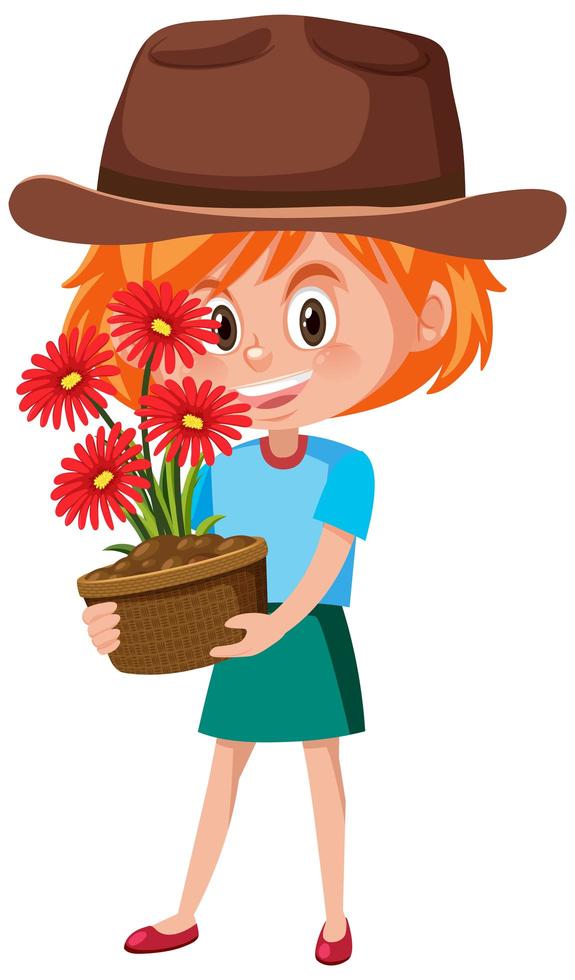 niña sosteniendo flor en maceta personaje de dibujos animados aislado sobre fondo blanco vector