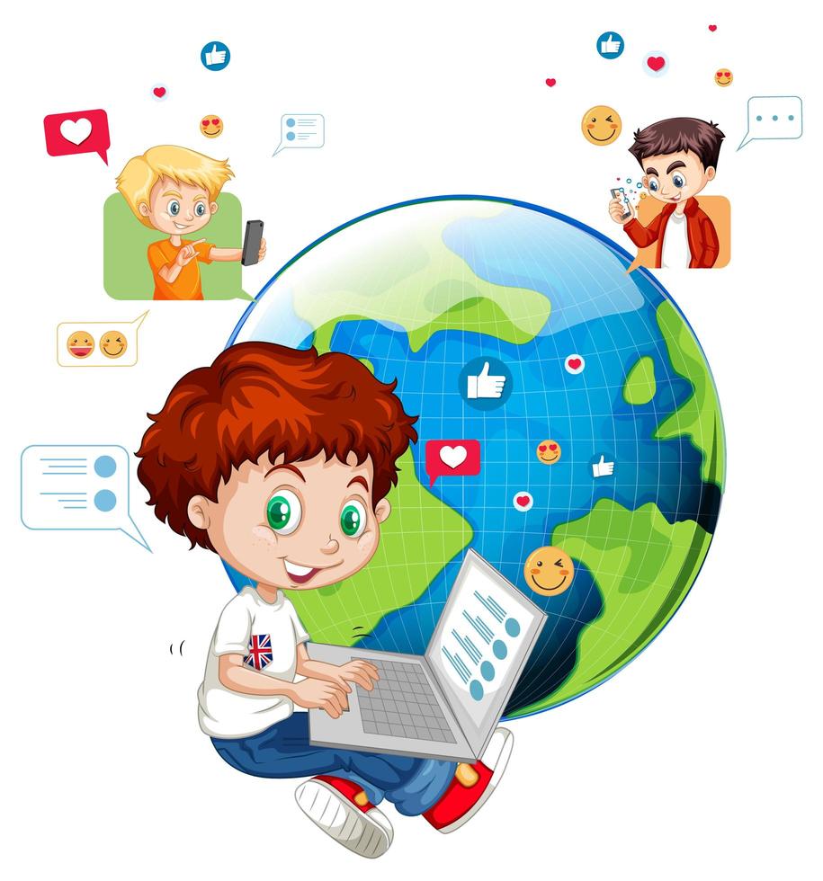 Children with social media elements on white background vector