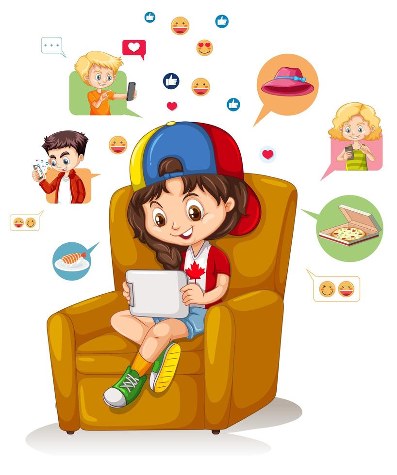 Children with social media elements on white background vector