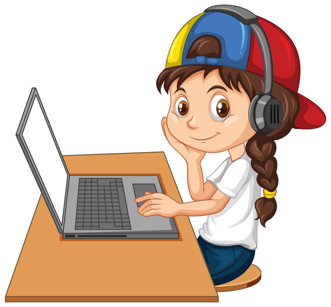 A girl with laptop on the table on white background vector