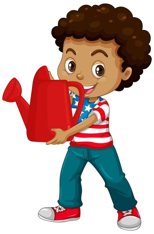 American boy holding red watering can vector