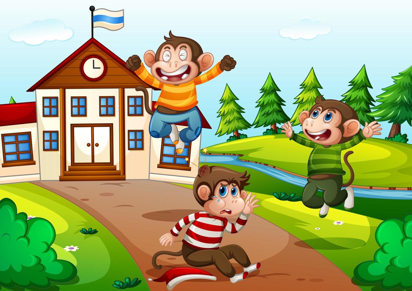 Three monkeys playing in the school scene vector