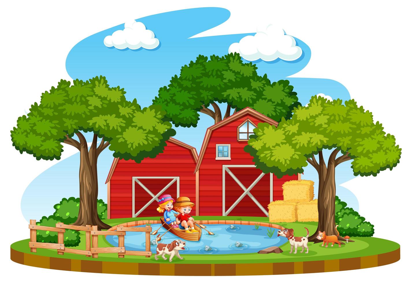 Farm with red barn and windmill on white background vector