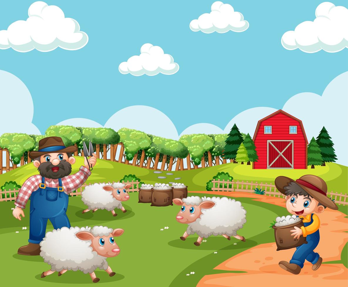 Farm with red barn and windmill scene vector