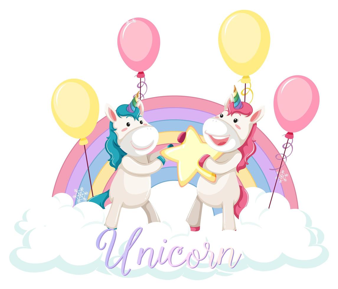 Lindo unicornio de pie sobre la nube con arco iris pastel aislado sobre fondo blanco. vector