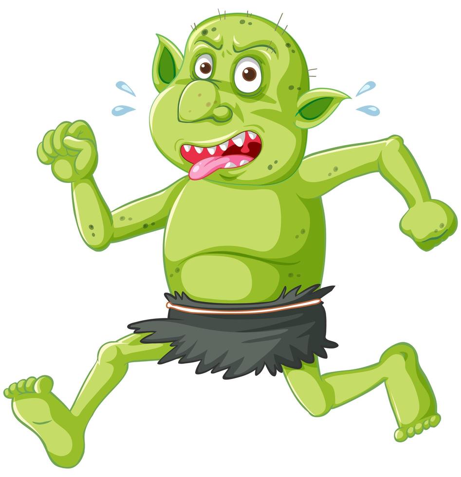 Duende verde o troll pose con cara divertida en personaje de dibujos animados aislado vector