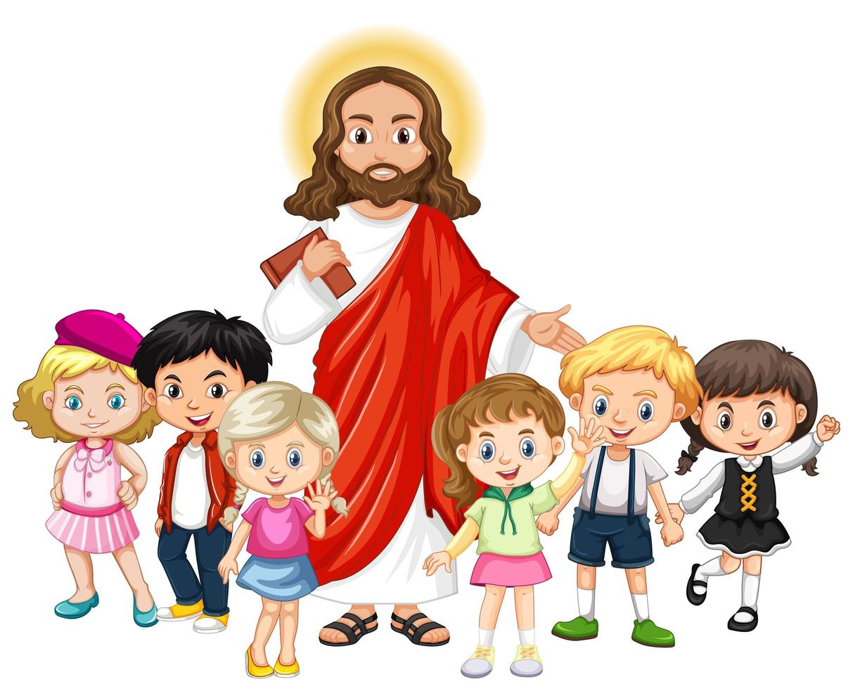 jesús con un personaje de dibujos animados de grupo de niños 1520350 Vector  en Vecteezy