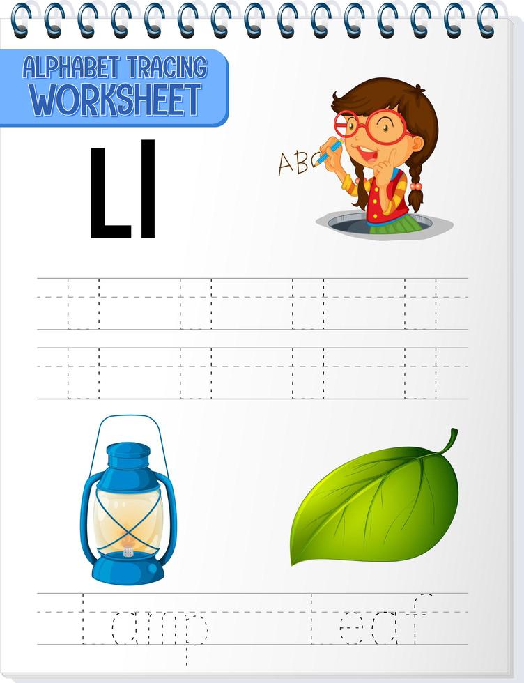 hoja de trabajo de rastreo alfabético con letras y vocabulario vector