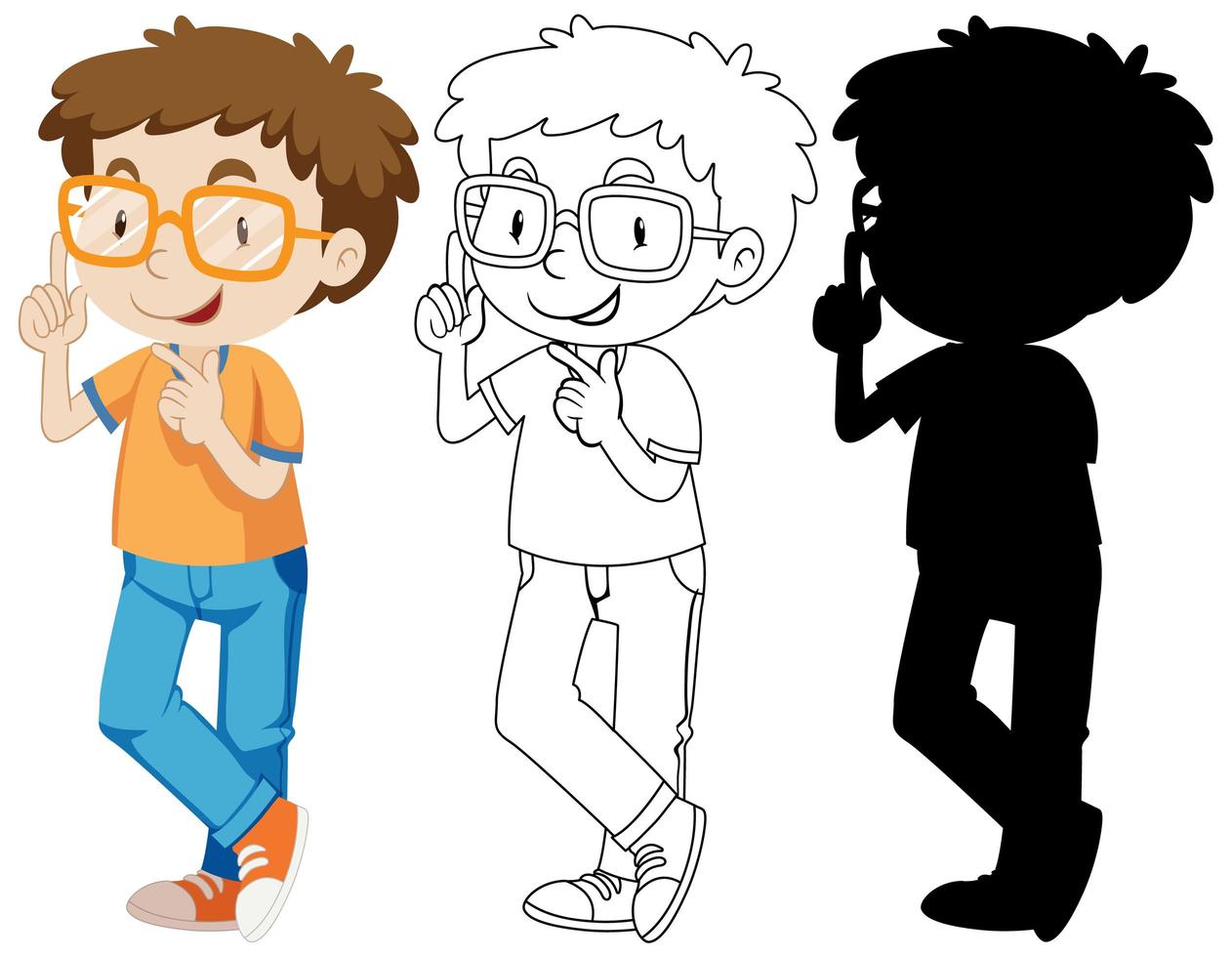 Nerdy boy in colour and outline and silhouette vector