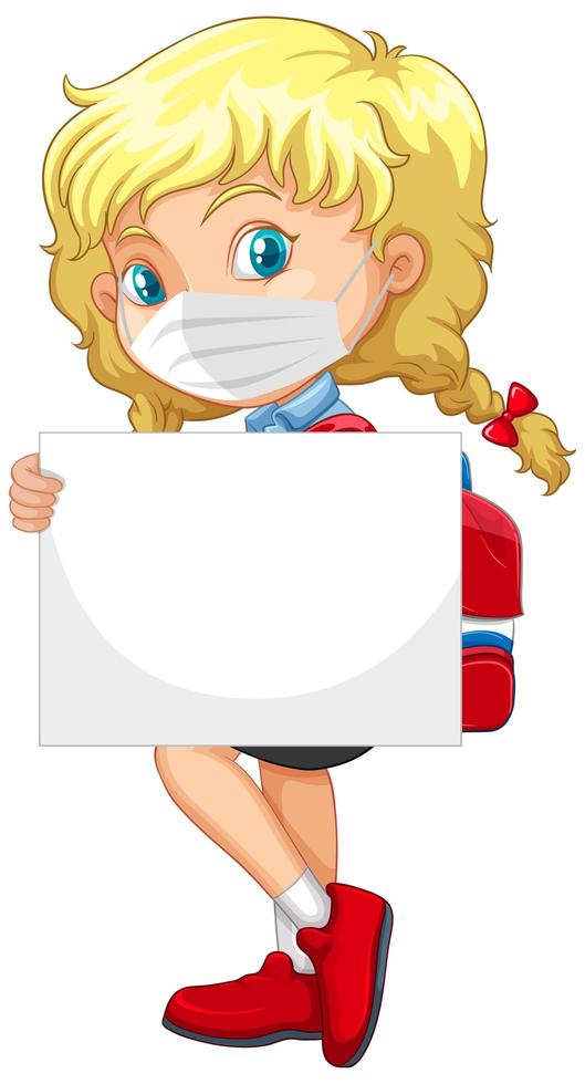 lindo personaje de dibujos animados de niña con pancarta en blanco vector