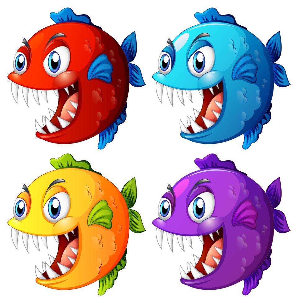 Conjunto de peces exóticos de diferentes colores con grandes ojos personaje de dibujos animados sobre fondo blanco. vector