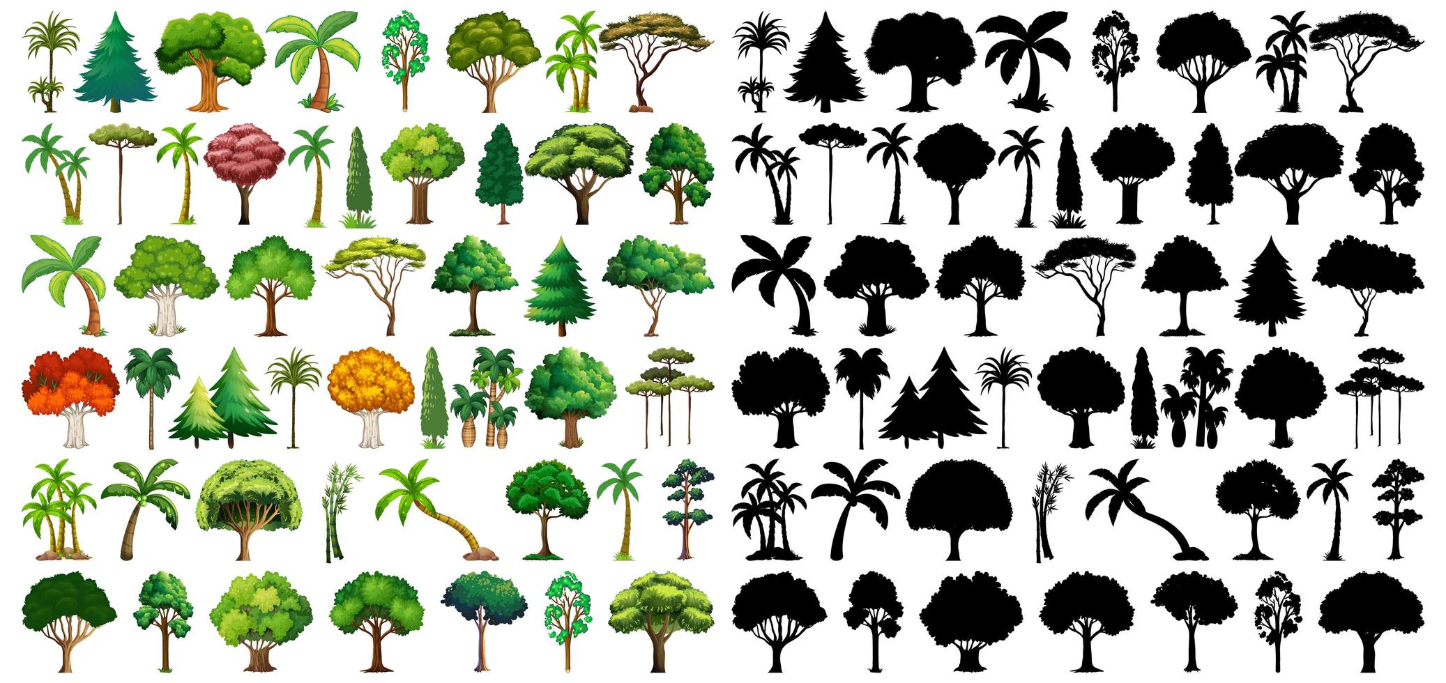 conjunto de planta y árbol con su silueta vector