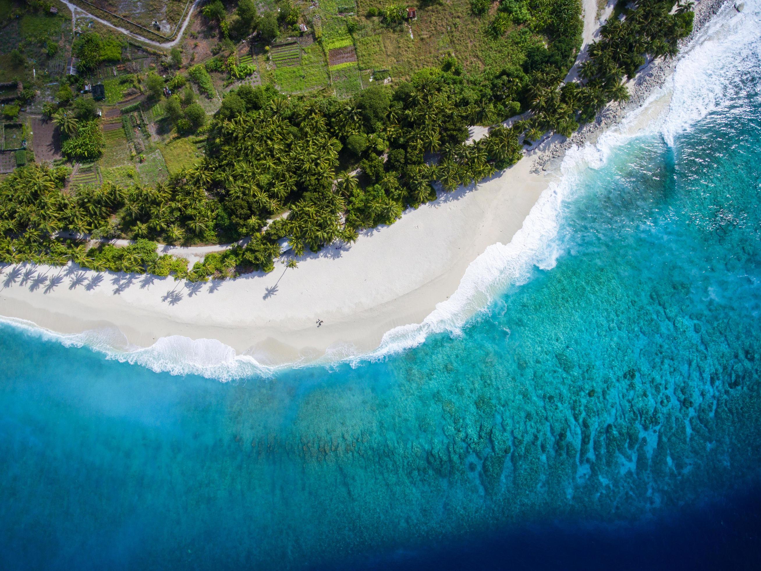 Fuvahmulah Island, Maldives, 2020 An aerial view of a beach resort