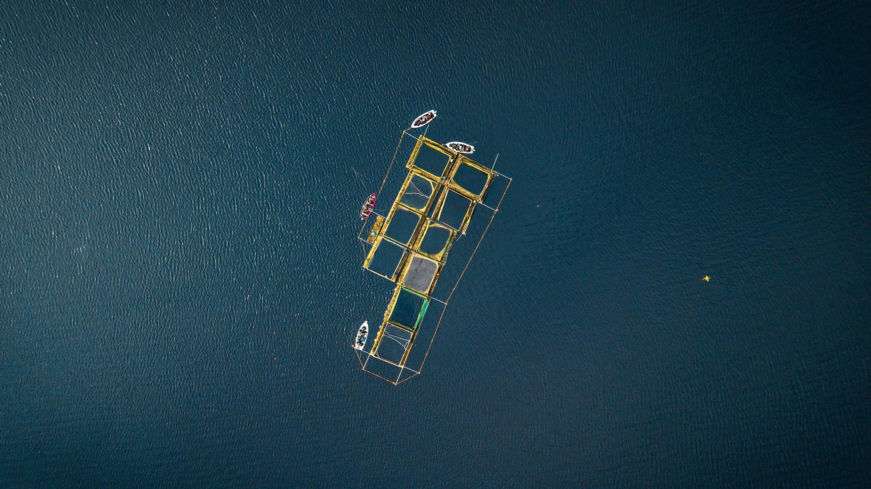 Vista aérea de barcos en un muelle en medio del océano. foto