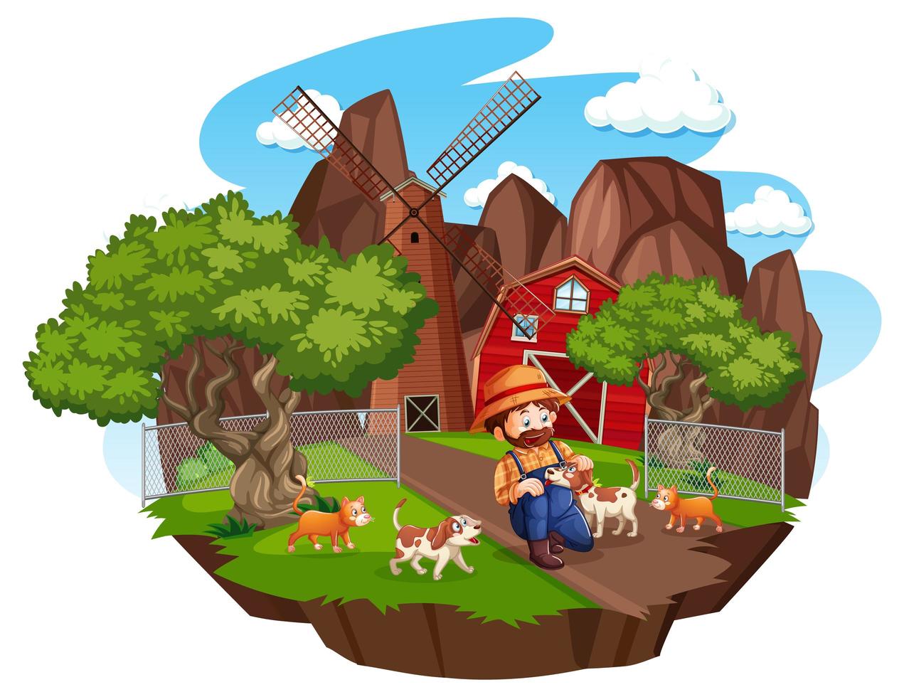 Farm with red barn and windmill on white background vector