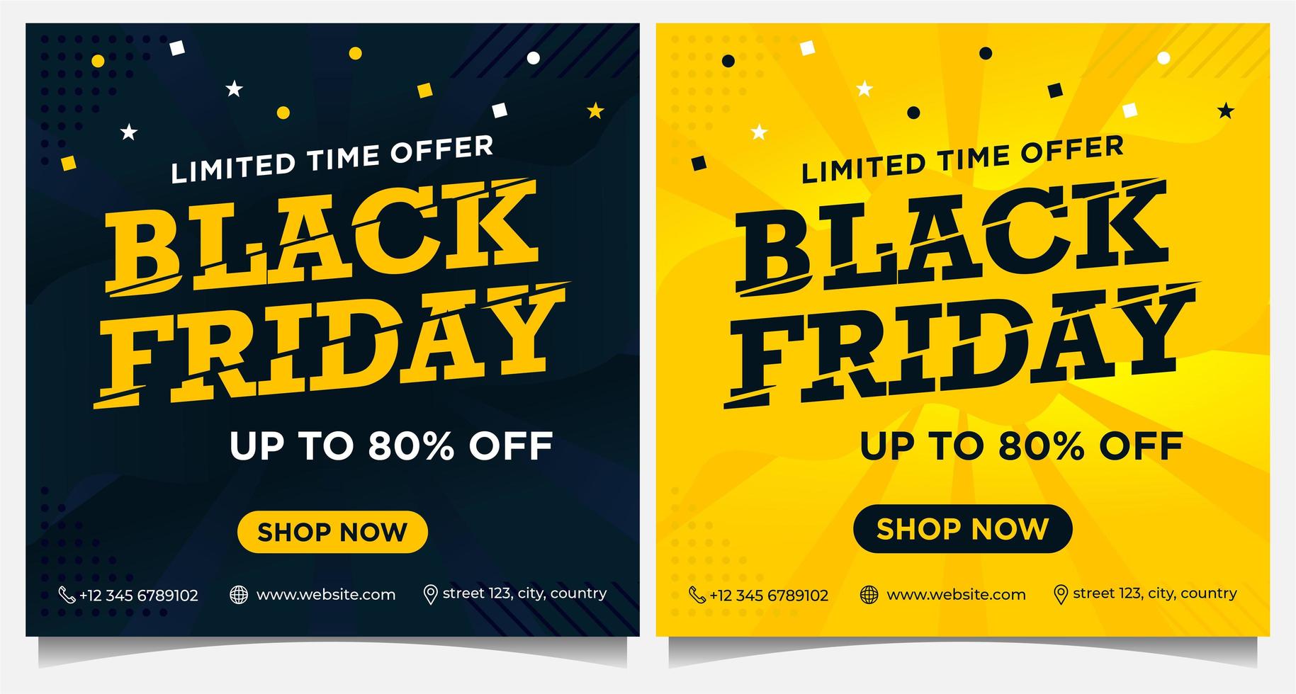 Black Friday square event banners in black and yellow vector