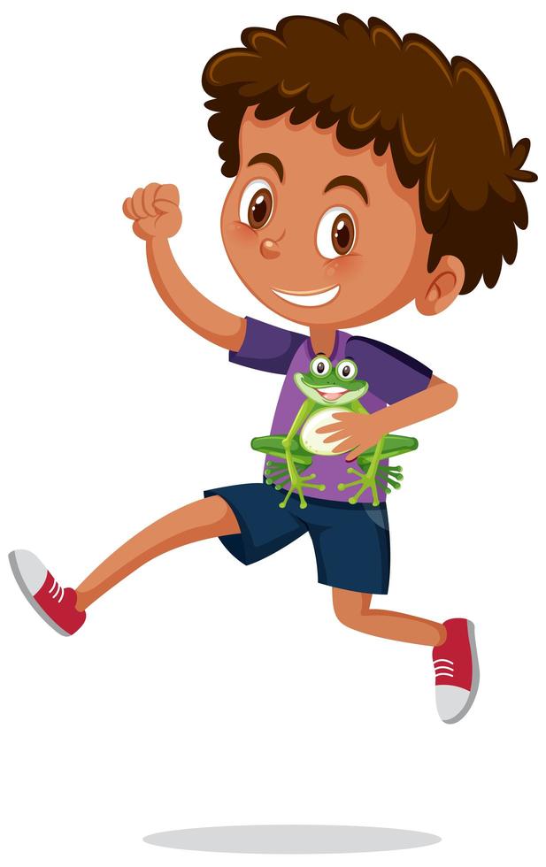 Boy holding cute frog cartoon character vector